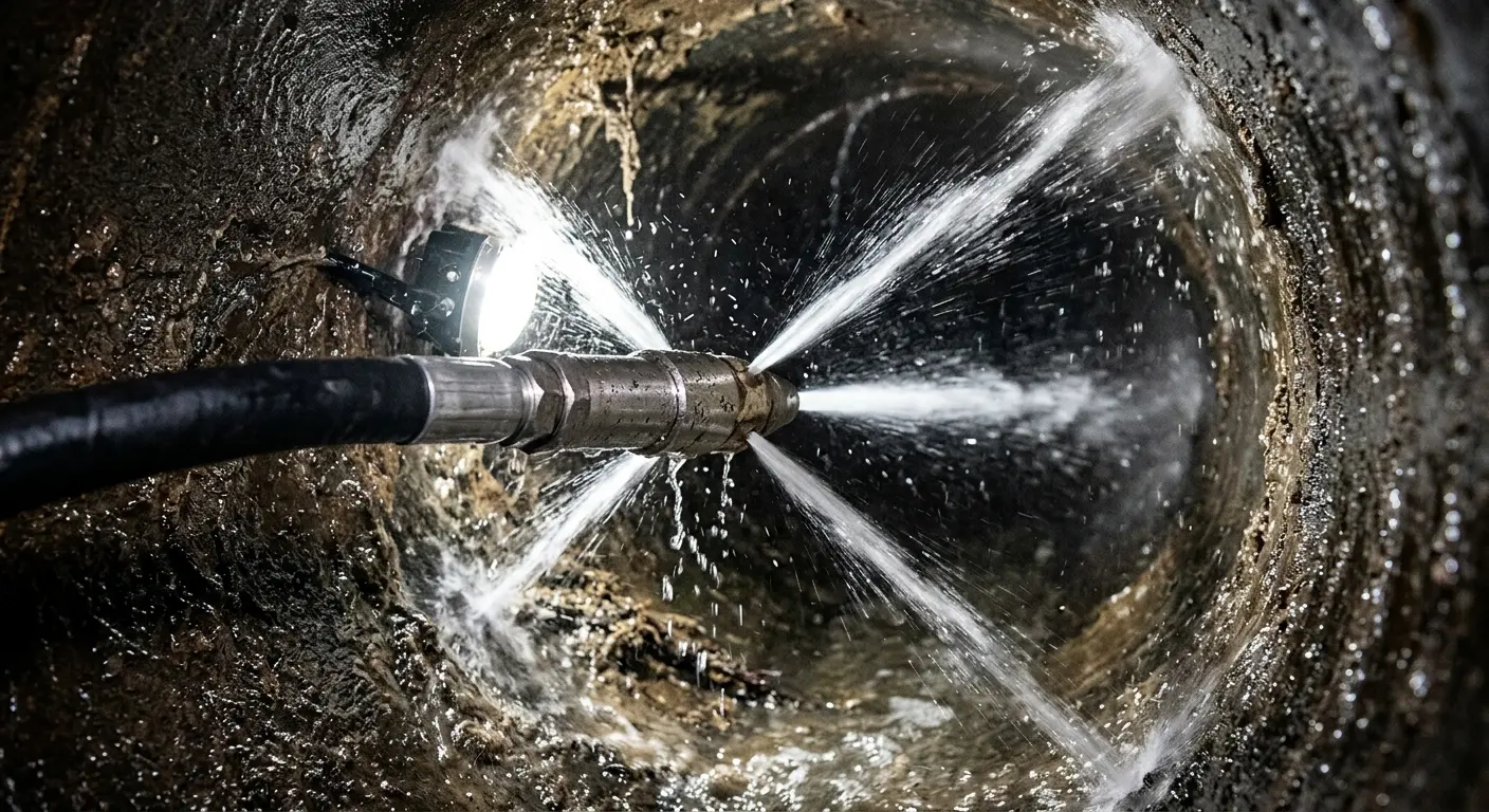 High-pressure hydro jetting nozzle cleaning sewer pipe for Sewer Cleanout in Terrell Hills