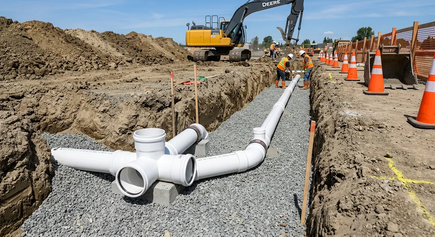New PVC sewer pipe installation in open trench for Sewer Backup in Terrell Hills