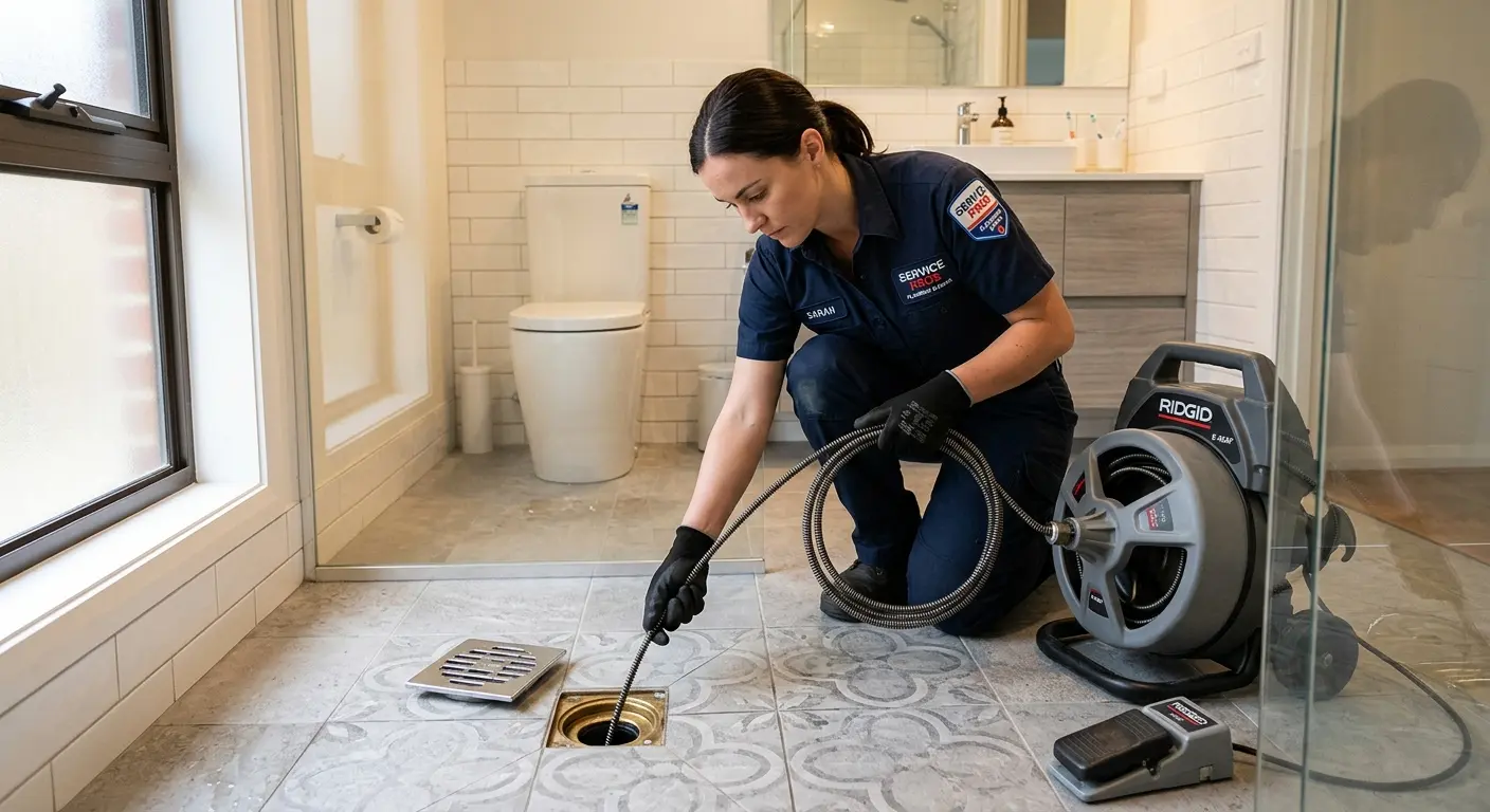 Technician clearing a bathroom floor drain for Drain Cleaning in Terrell Hills